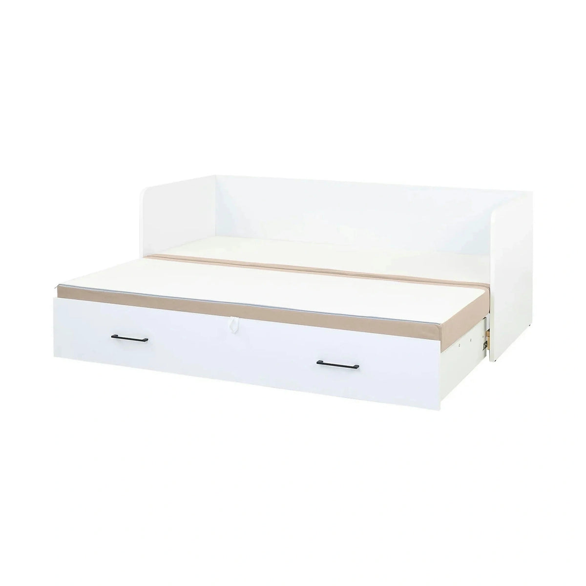 Pat TETRIX 80/160x200, alb/bej, PAL/stofa, cu saltea extensibila si spatiu depozitare