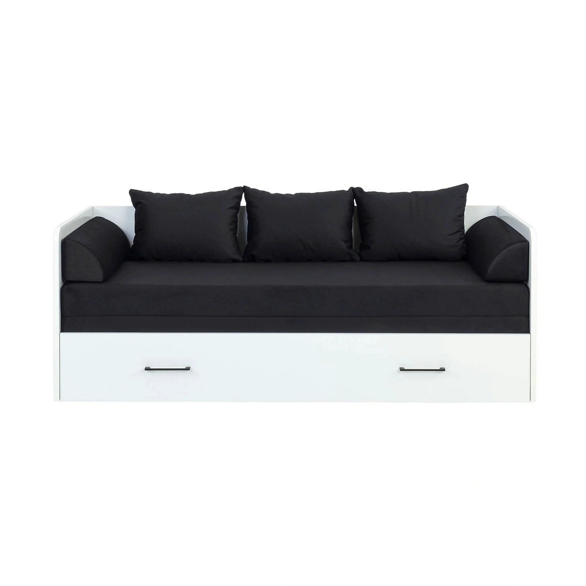 Pat TETRIX 80/160x200, alb/negru, PAL/stofa, cu saltea extensibila si spatiu depozitare