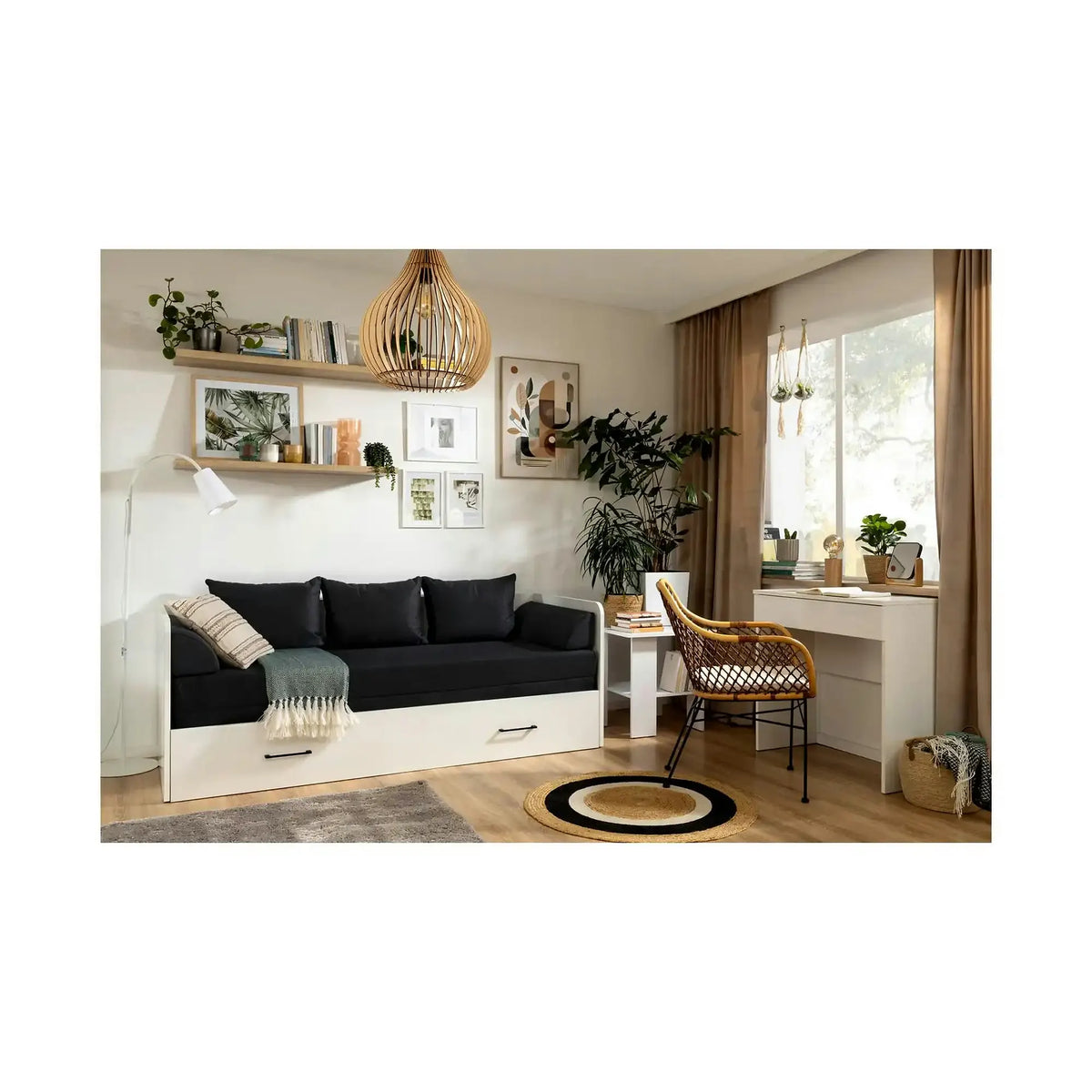 Pat TETRIX 80/160x200, alb/negru, PAL/stofa, cu saltea extensibila si spatiu depozitare