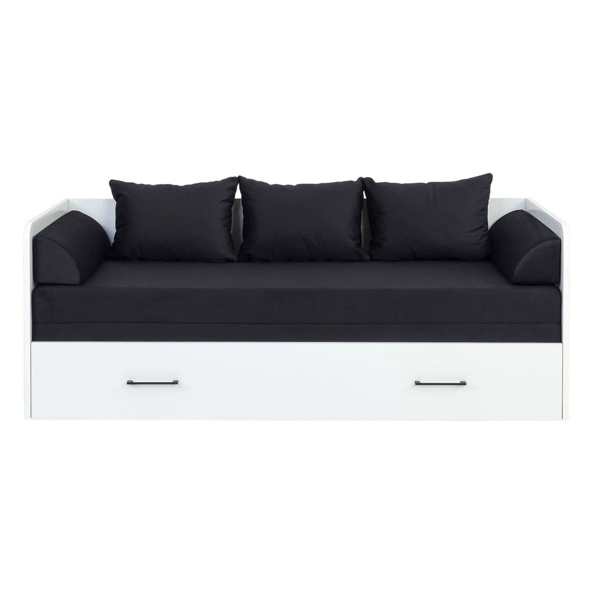 Pat TETRIX 80/160x200, alb/negru, PAL/stofa, cu saltea extensibila si spatiu depozitare