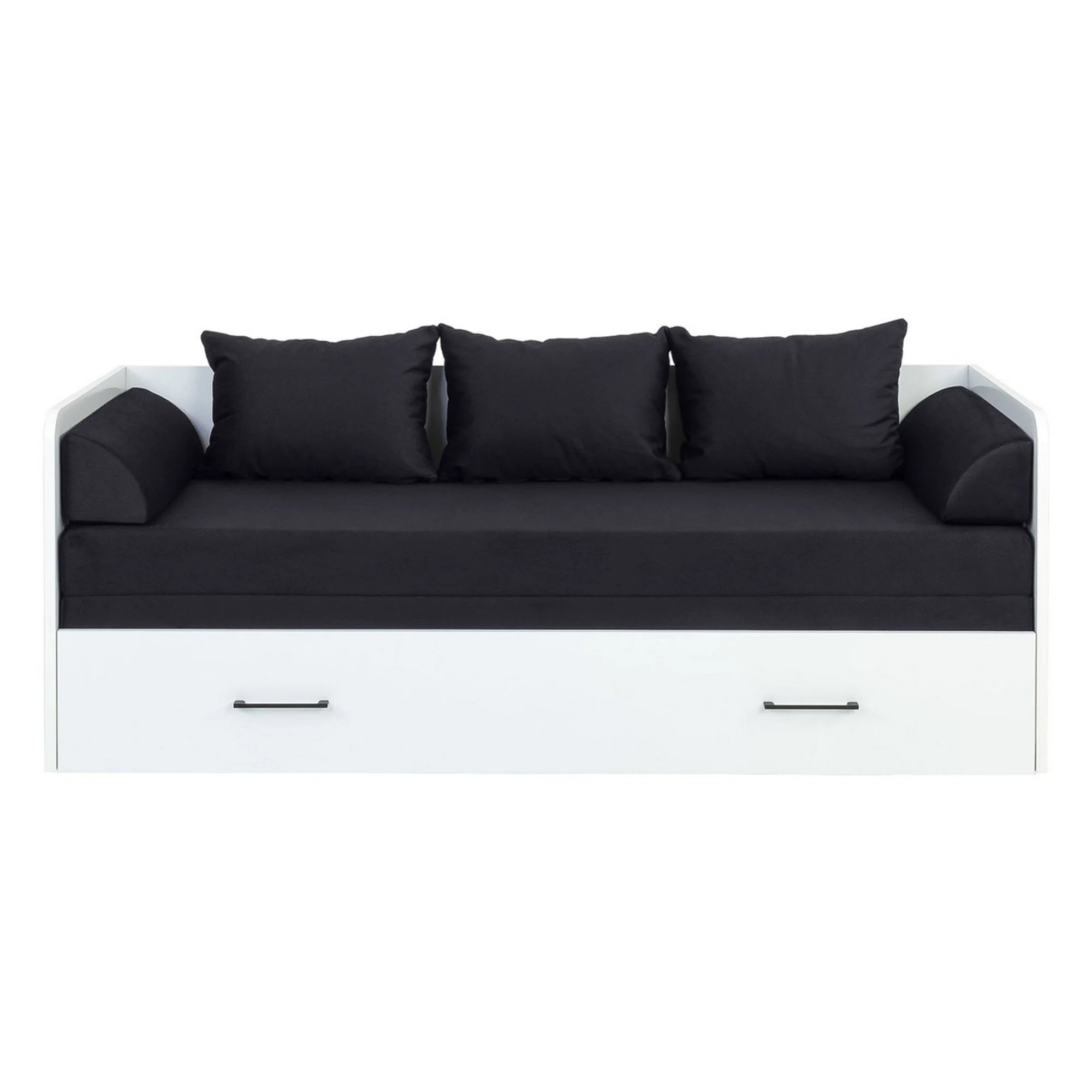 Pat TETRIX 80/160x200, alb/negru, PAL/stofa, cu saltea extensibila si spatiu depozitare