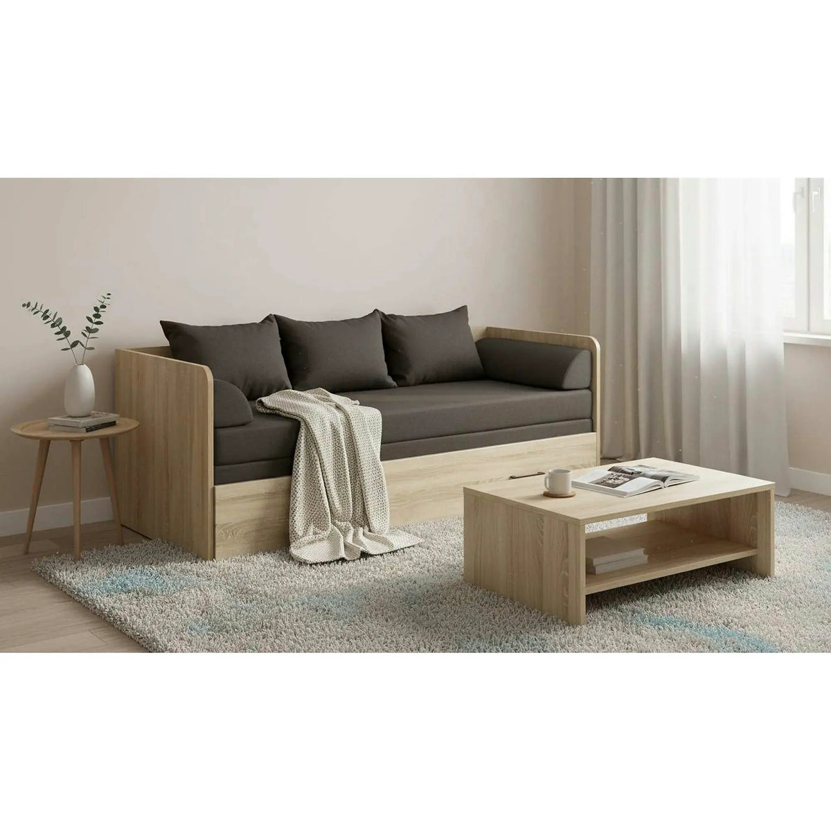 Pat TETRIX 80/160x200, stejar sonoma/maro, PAL/stofa, cu saltea extensibila si spatiu depozitare