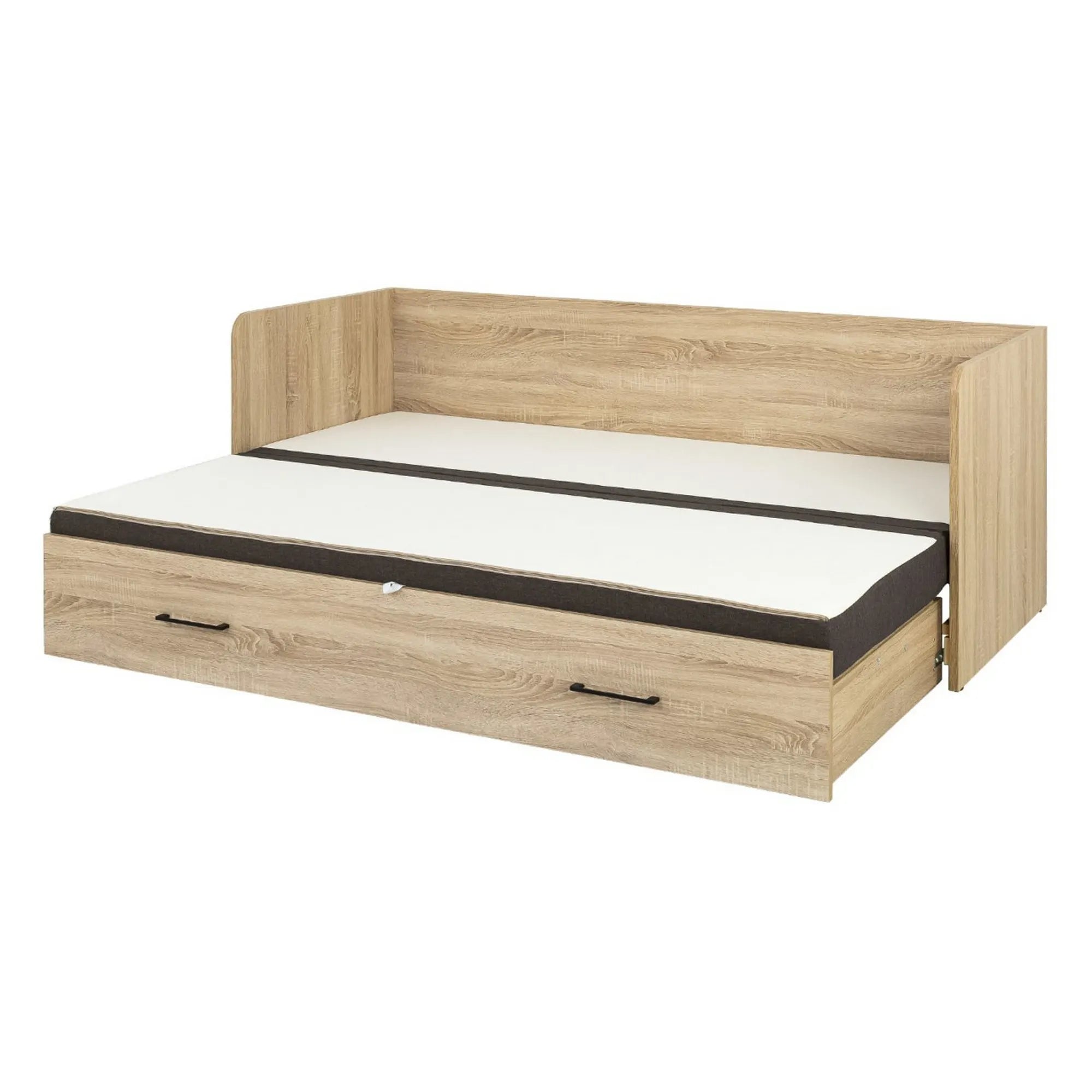 Pat TETRIX 80/160x200, stejar sonoma/maro, PAL/stofa, cu saltea extensibila si spatiu depozitare