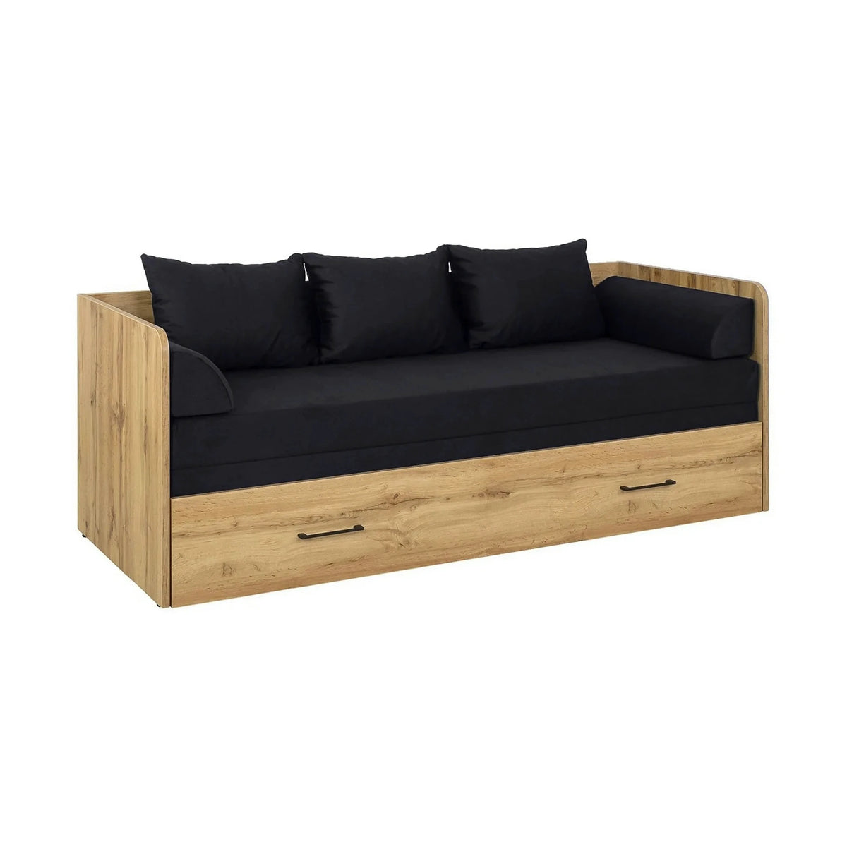 Pat TETRIX 80/160x200, stejar wotan/negru, PAL/stofa, cu saltea extensibila si spatiu depozitare