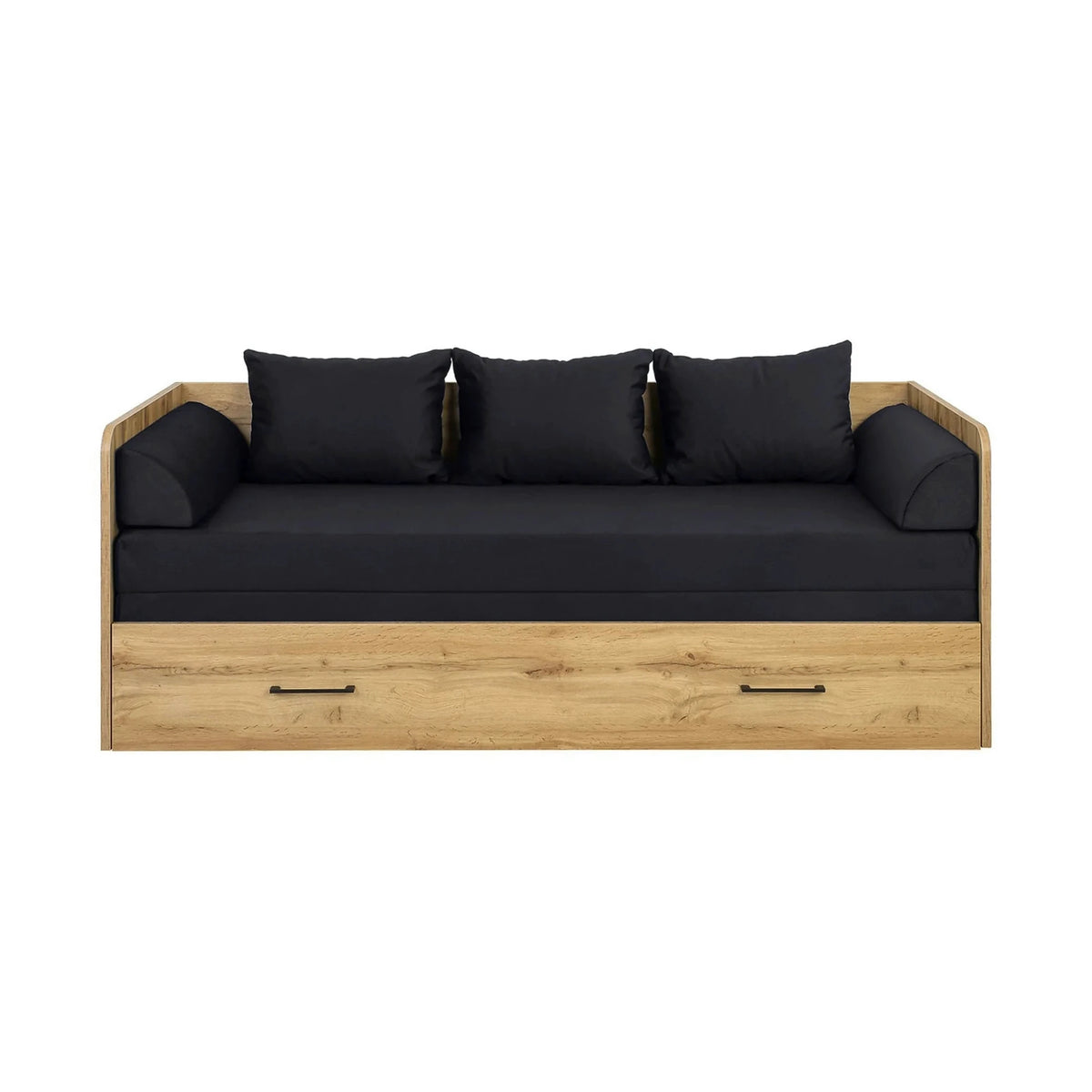 Pat TETRIX 80/160x200, stejar wotan/negru, PAL/stofa, cu saltea extensibila si spatiu depozitare