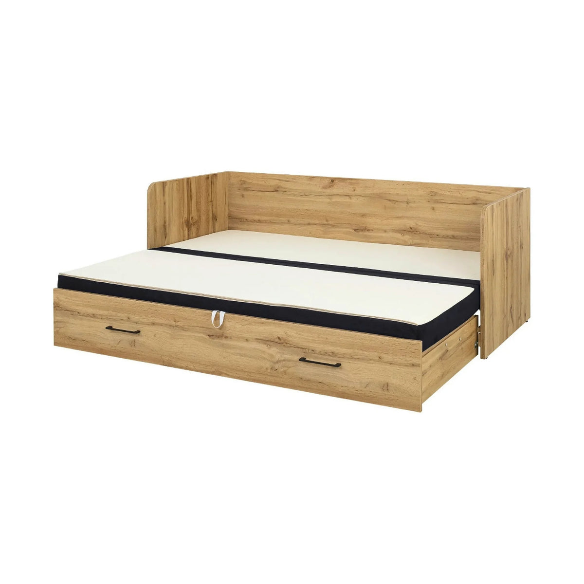 Pat TETRIX 80/160x200, stejar wotan/negru, PAL/stofa, cu saltea extensibila si spatiu depozitare