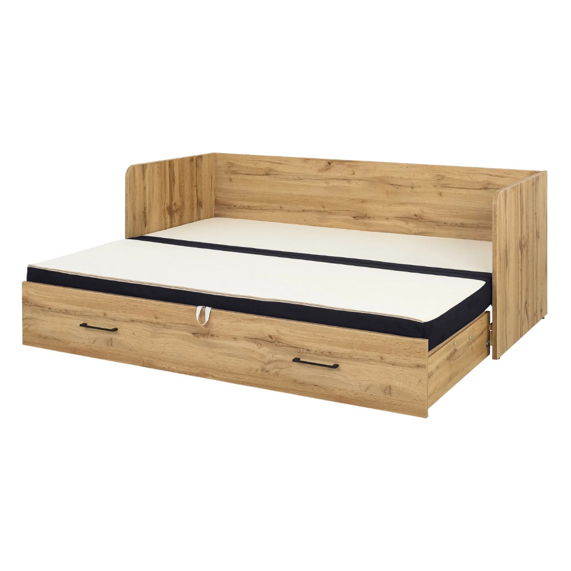 Pat TETRIX 80/160x200, stejar wotan/negru, PAL/stofa, cu saltea extensibila si spatiu depozitare