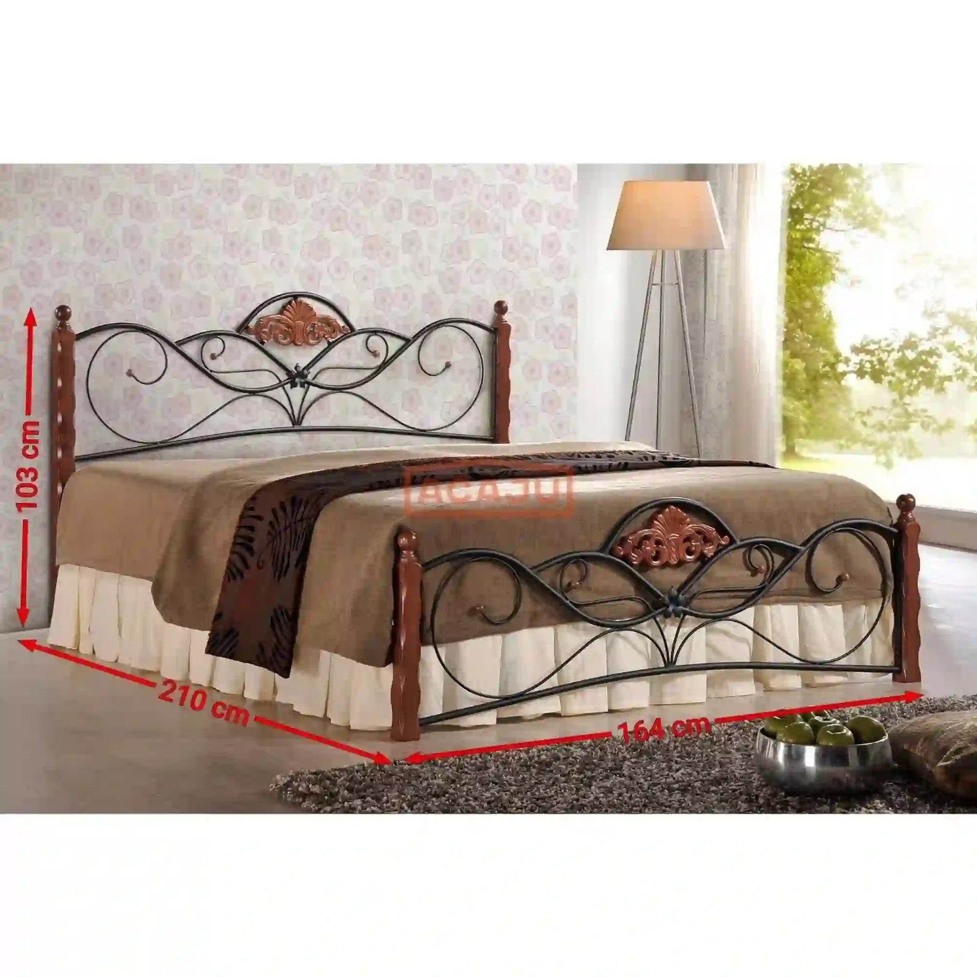 Pat VALENTINA 160x200, cires antic/negru, lemn, cu somiera