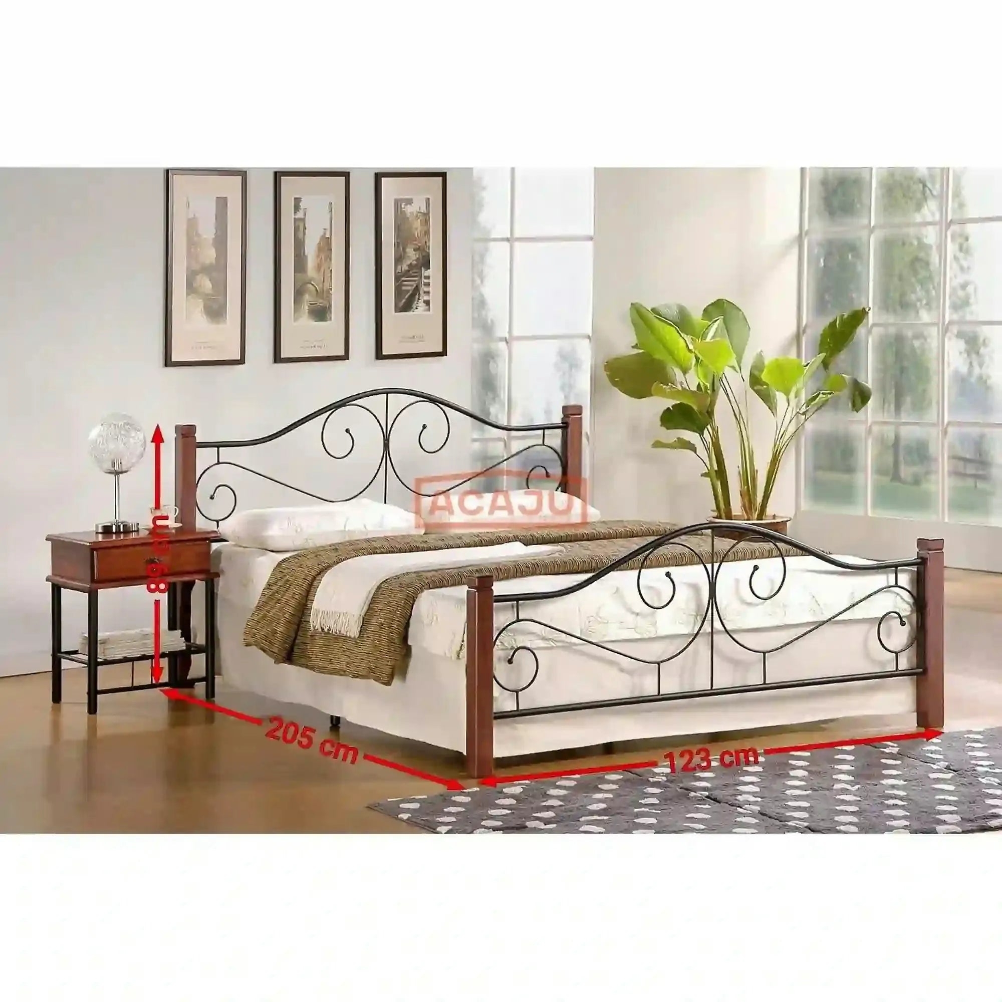 Pat VIOLETTA 120x200, cires antic/negru, lemn, cu somiera