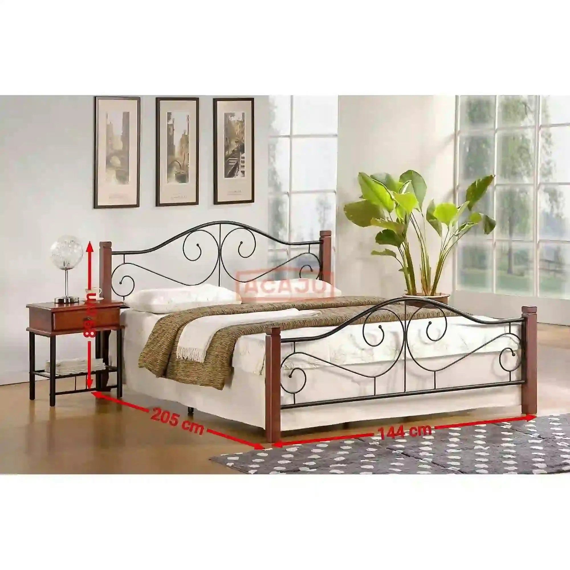 Pat VIOLETTA 140x200, cires antic/negru, lemn, cu somiera