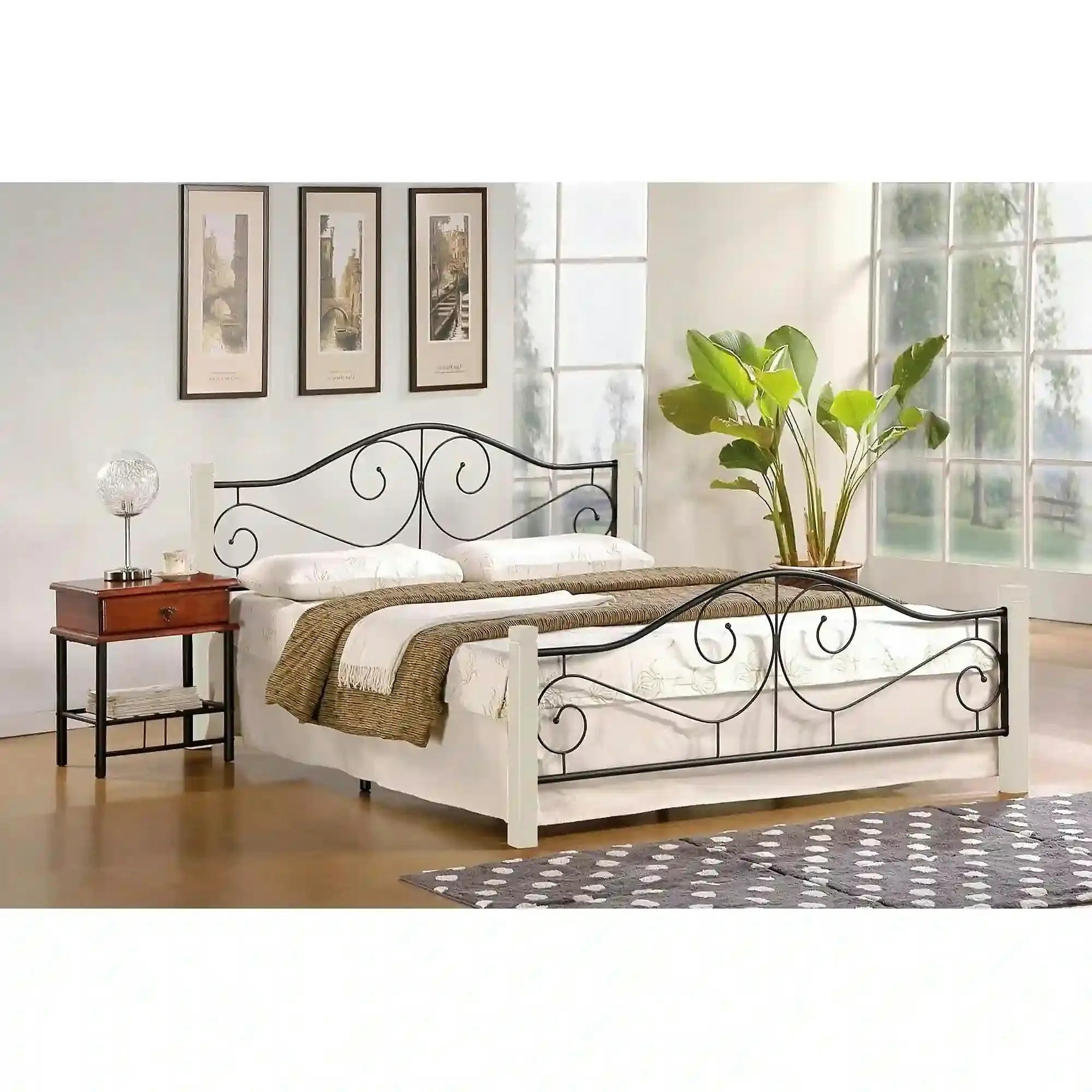 Pat VIOLETTA 160x200, ecru/negru, lemn/otel, cu somiera