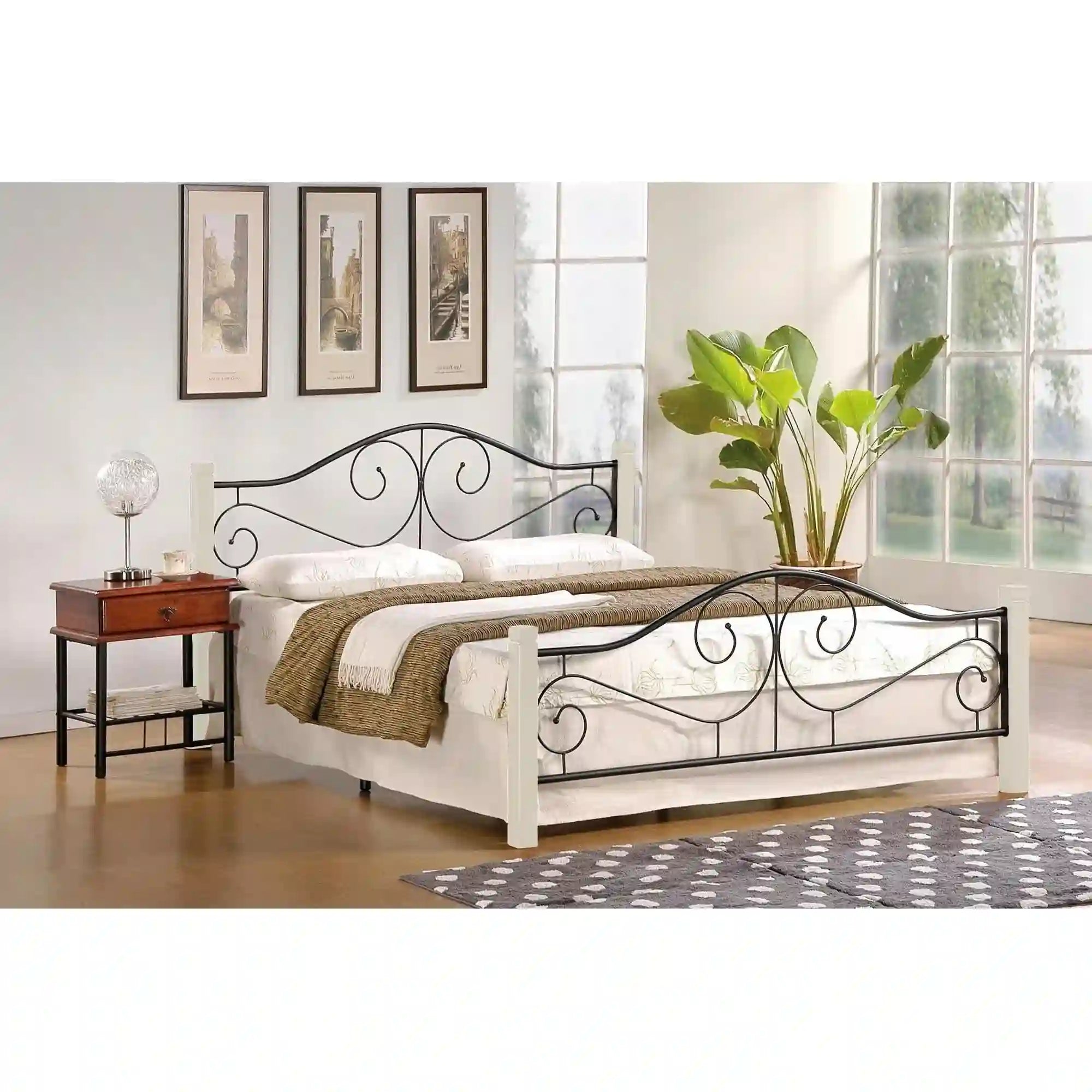 Pat VIOLETTA 160x200, ecru/negru, lemn/otel, cu somiera