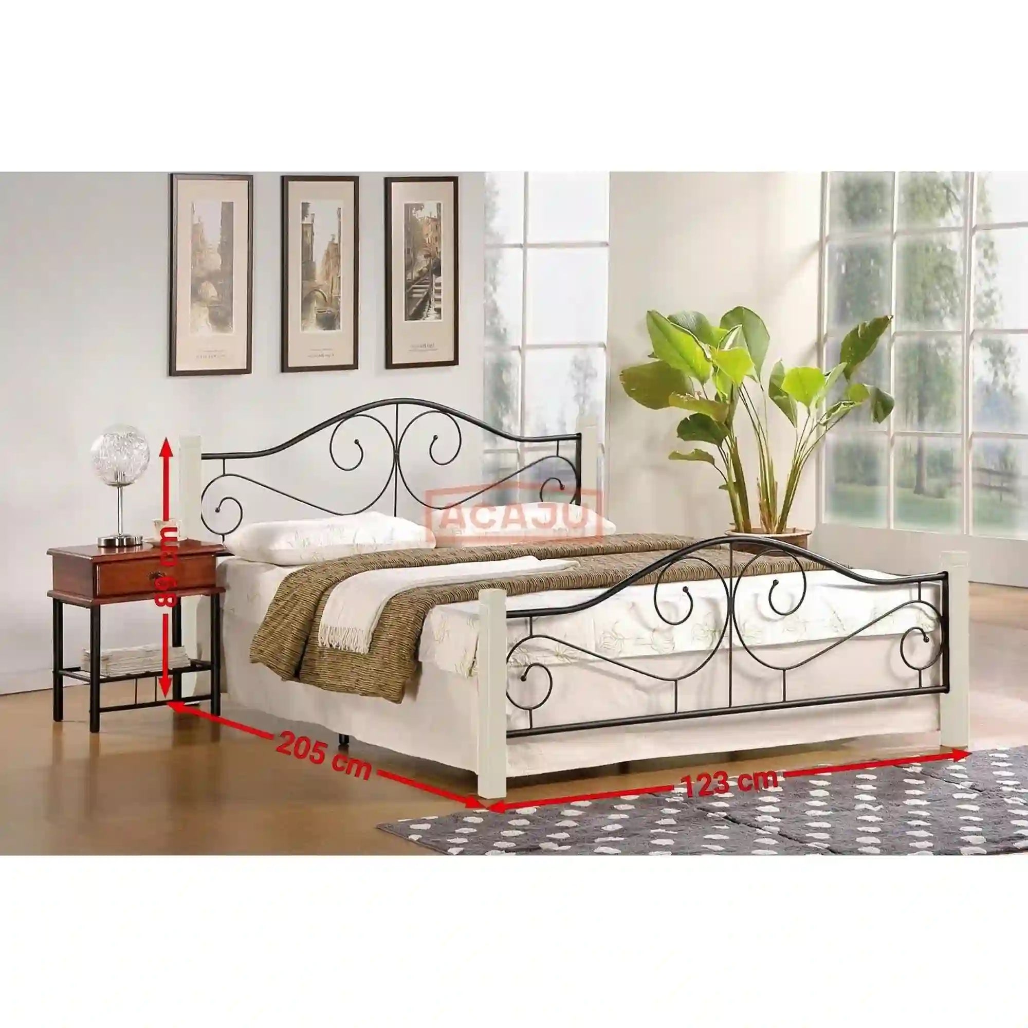 Pat VIOLETTA 160x200, ecru/negru, lemn/otel, cu somiera