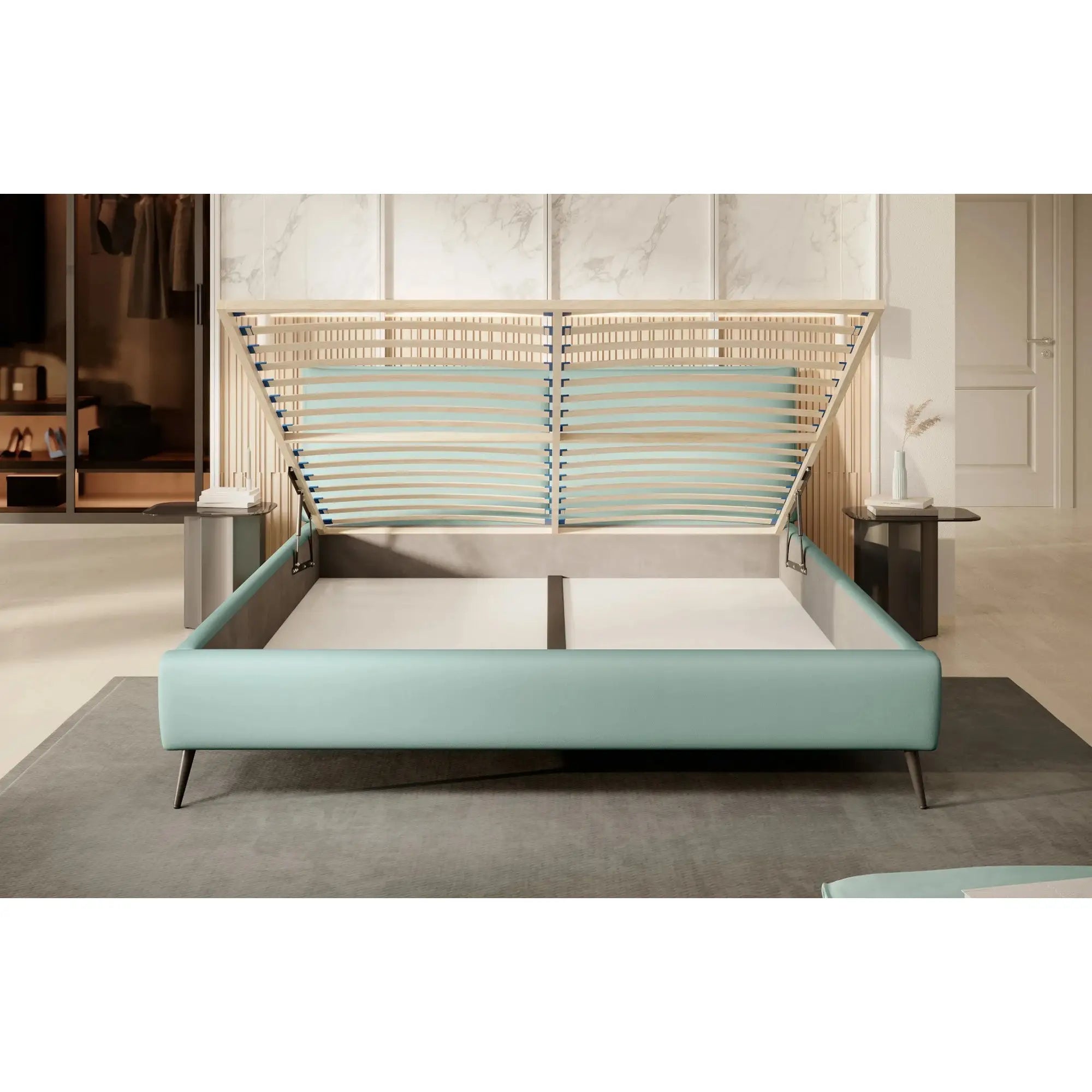 Pat ZOYA 140x200, personalizabil materiale Gama Premium, cu spatiu depozitare, somiera si pistoane