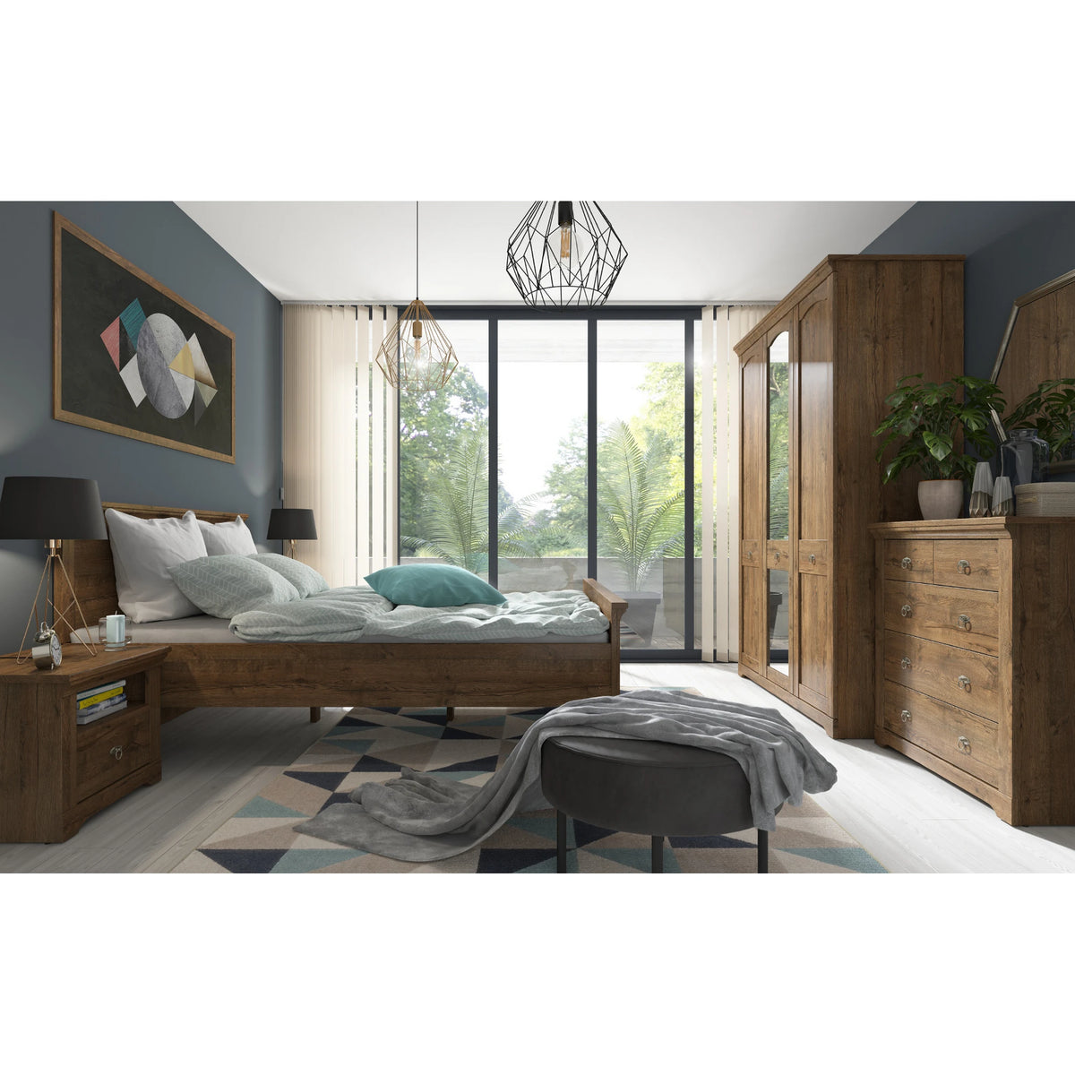 Set dormitor PATRAS, stejar, pat 160x200, dulap cu 3 usi, 2 noptiere si comoda