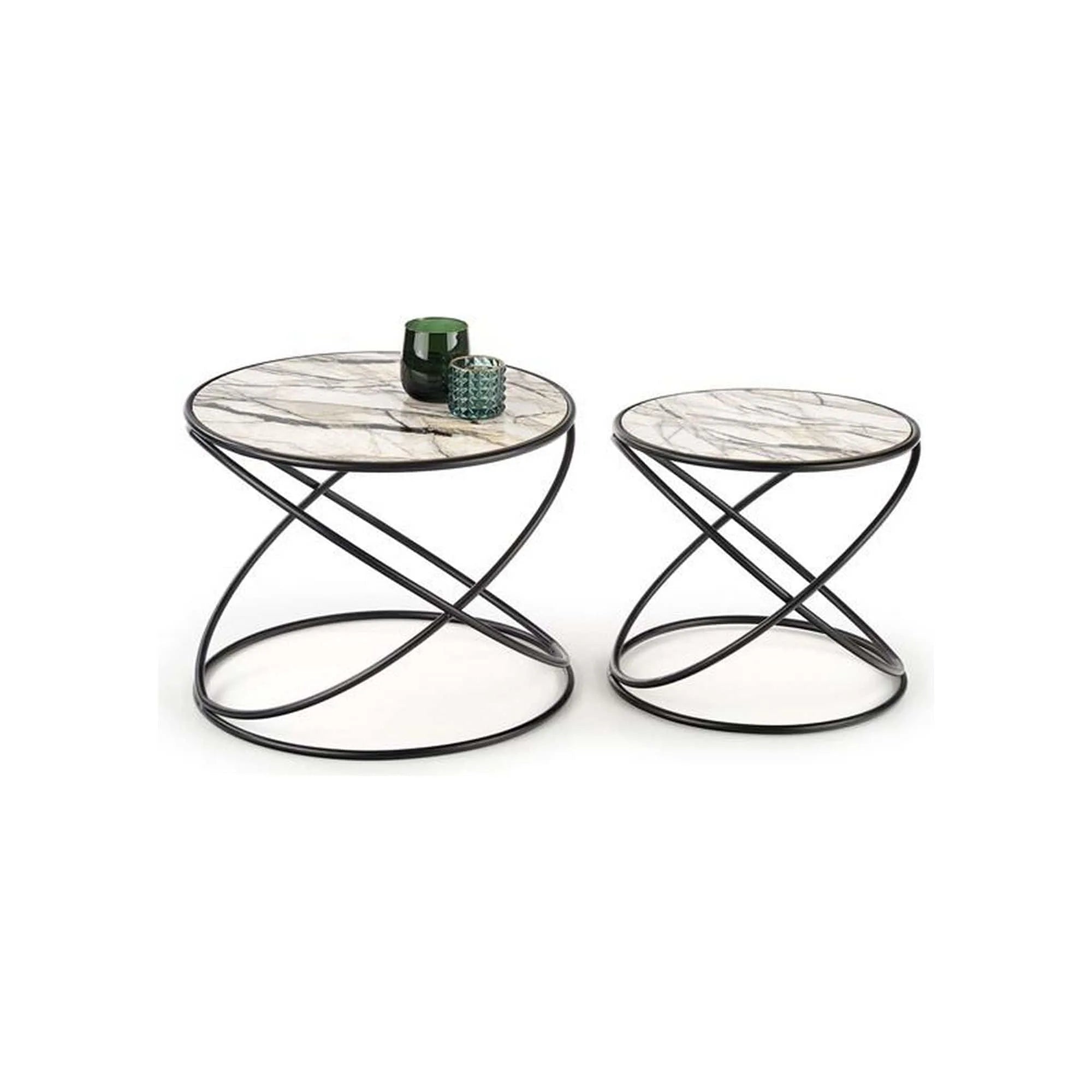Set 2 masute cafea SUSANNA, bej cu efect de marmura/negru