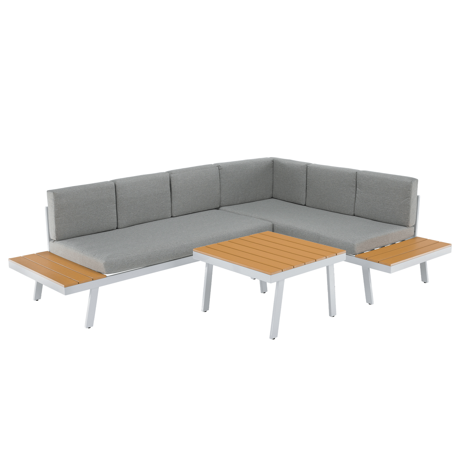 Set gradina PELOR, alb/gri deschis/stejar, tesatura/lemn/metal, cu masuta si canapea