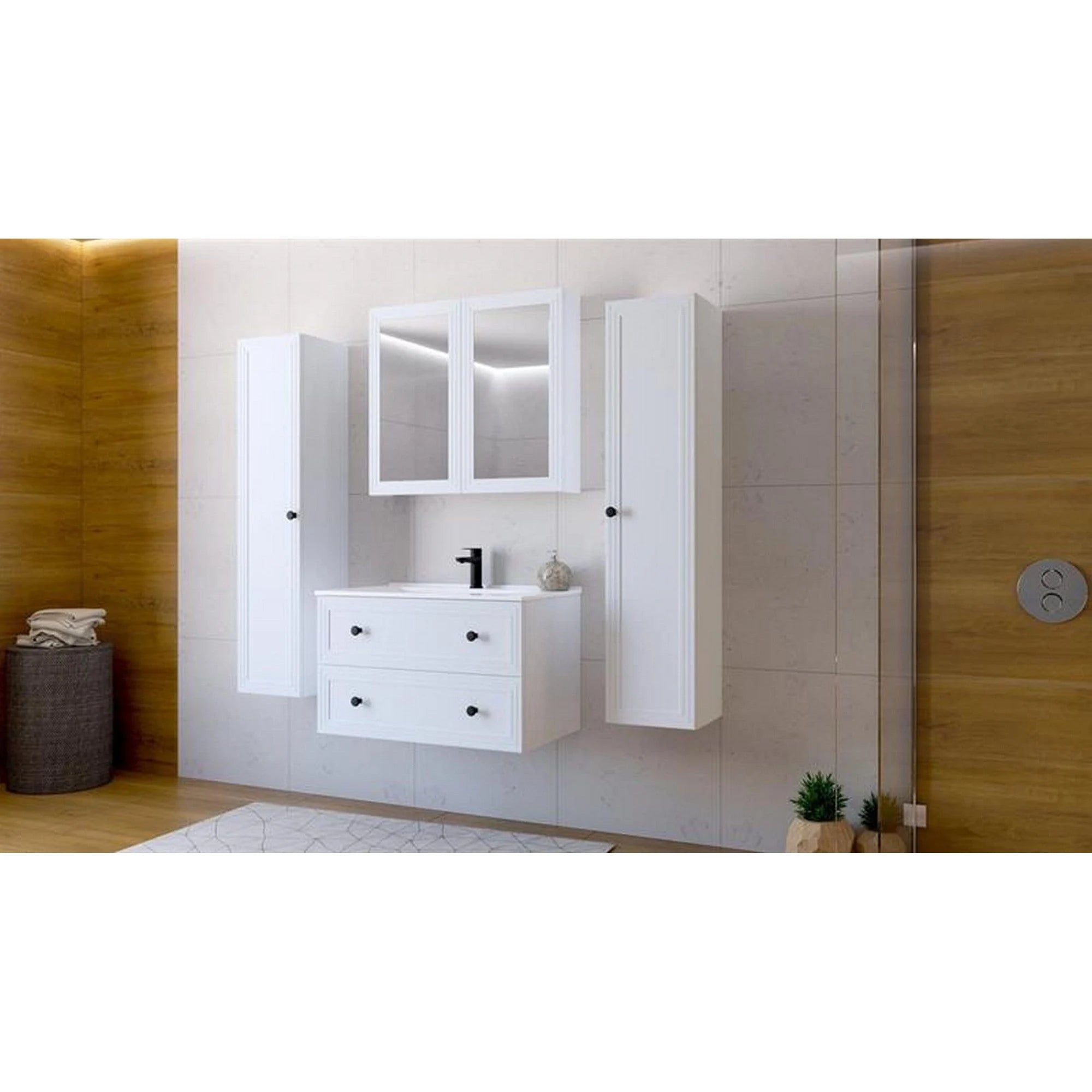 Dulap baie TORETO, alb mat, PAL laminat, cu oglinzi, 80x15x70 cm