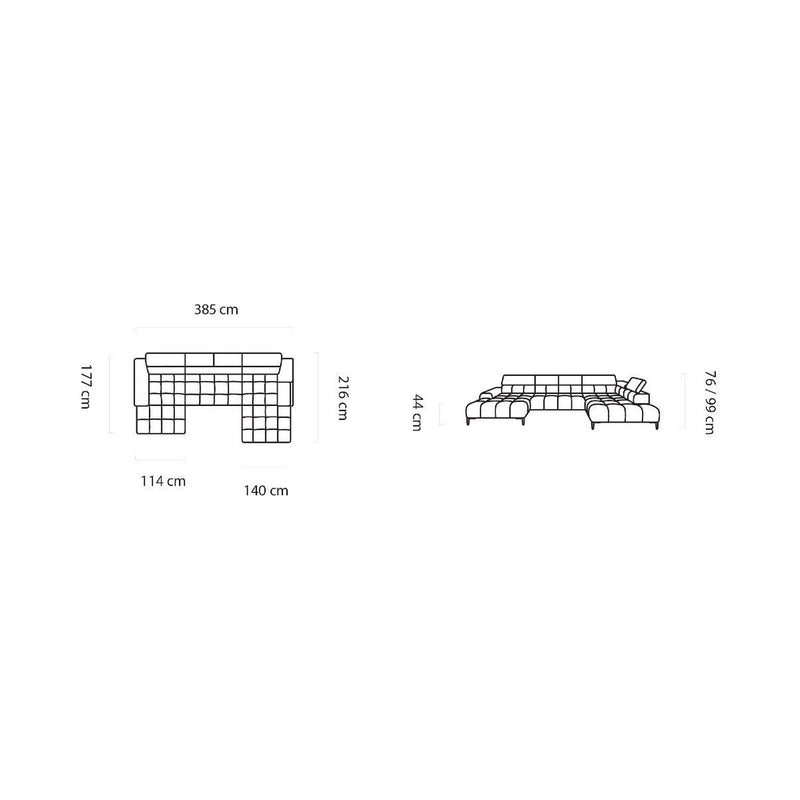Coltar PLAZA XL, sezlong stanga, stofa clasica gri - Austin 18, 385x216x76/99 cm, reglaj electric, tetiere reglabile