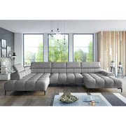 Coltar extensibil modern CALDO XL, sezlong dreapta, stofa catifelata gri - Riviera 91, cu lada depozitare si tetiere reglabile, 342x200x99 cm
