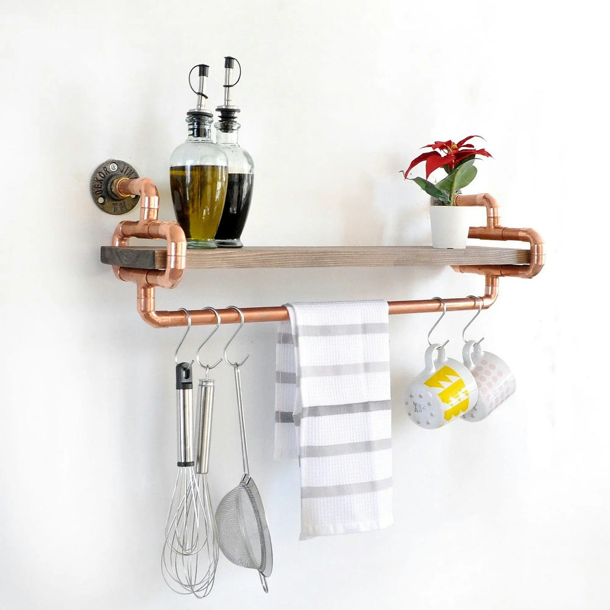 Polita bucatarie COP045, stejar/cupru, lemn/metal, 60x17x19 cm