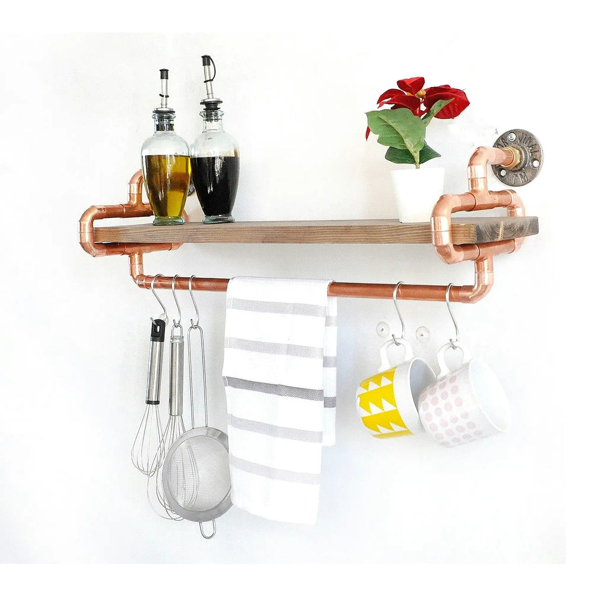 Polita bucatarie COP045, stejar/cupru, lemn/metal, 60x17x19 cm