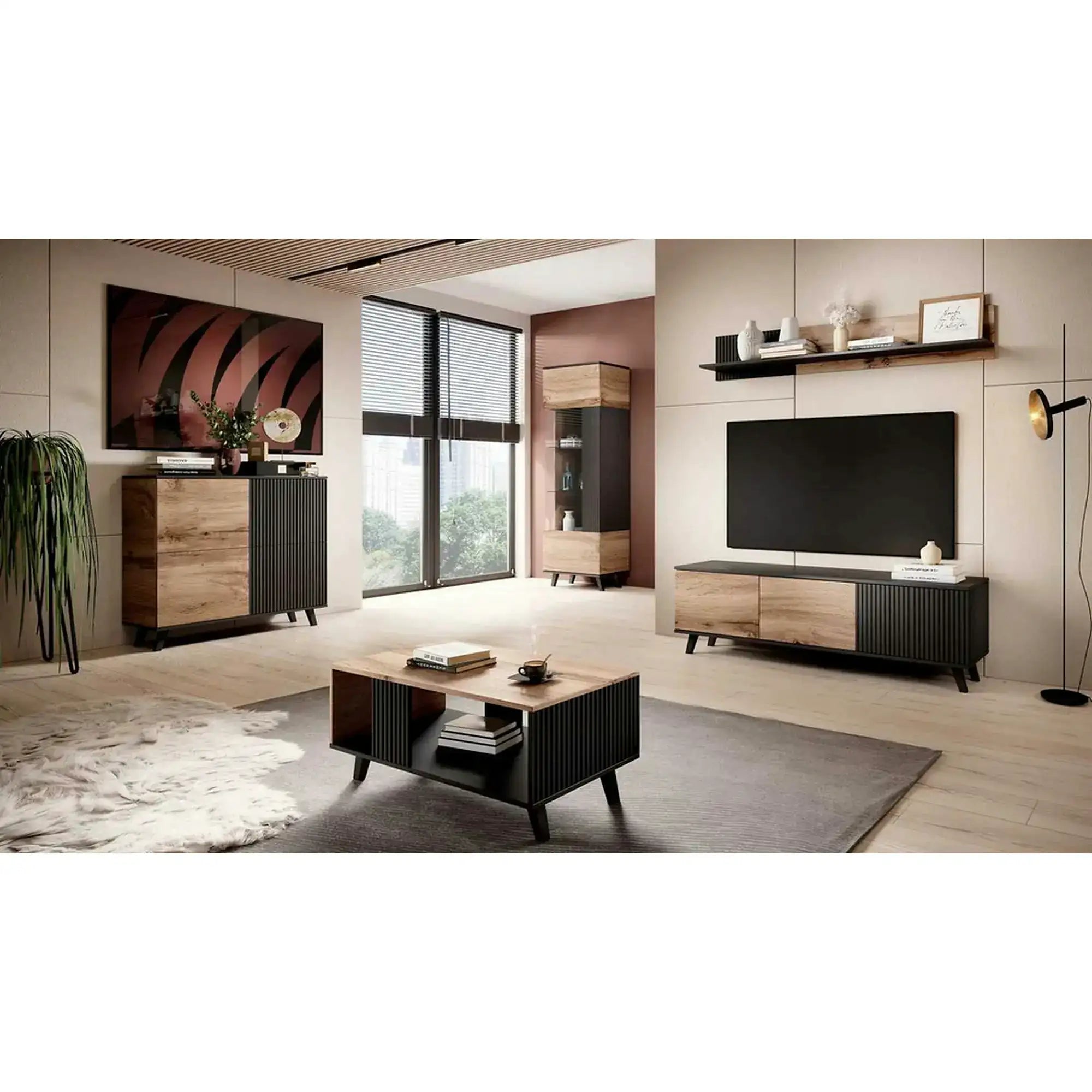 Polita RANDOM, stejar wotan/negru, PAL, 150x20x25 cm