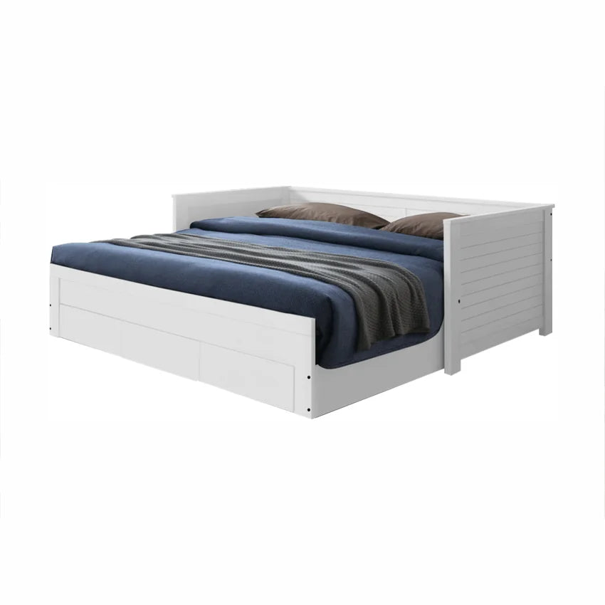 Pat extensibil GORETA 90x200/180x200, alb, cu somiera si 3 sertare pentru depozitare