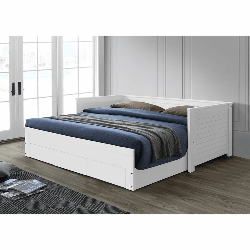 Pat extensibil GORETA 90x200/180x200, alb, cu somiera si 3 sertare pentru depozitare