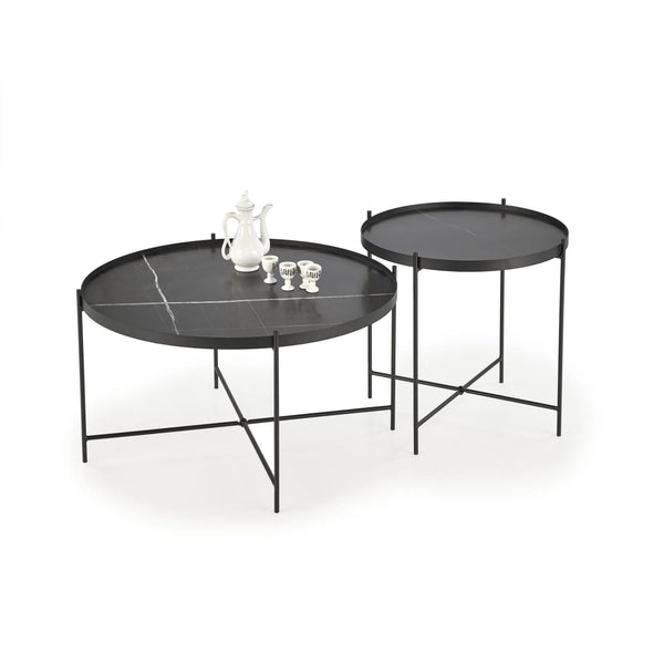 Set 2 masute cafea JULIETA, negru cu efect de marmura/negru