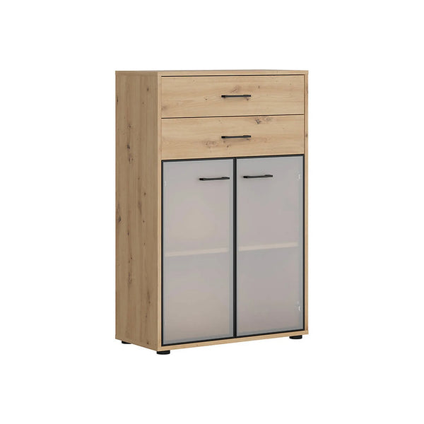 Vitrina SPACE OFFICE, stejar artisan/negru fumuriu, PAL laminat/sticla, cu 2 usi si 2 sertare, 80x38x122 cm