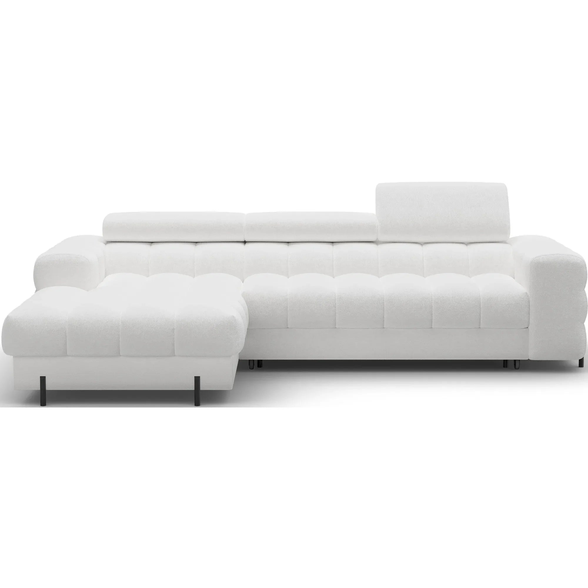 Coltar extensibil FELRO, sezlong stanga, stofa clasica alb - Royal 01, cu lada de depozitare si tetiere reglabile, 285x181x93 cm
