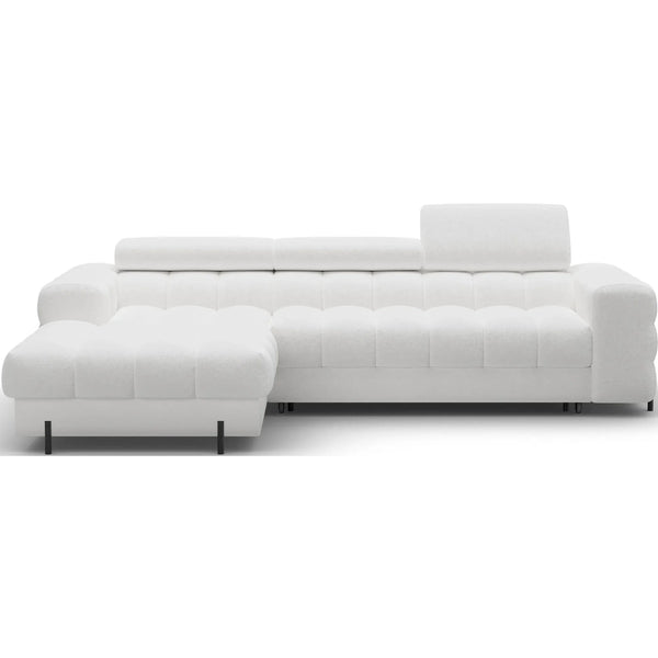 Coltar extensibil FELRO, sezlong stanga, stofa clasica alb - Royal 01, cu lada de depozitare si tetiere reglabile, 285x181x93 cm