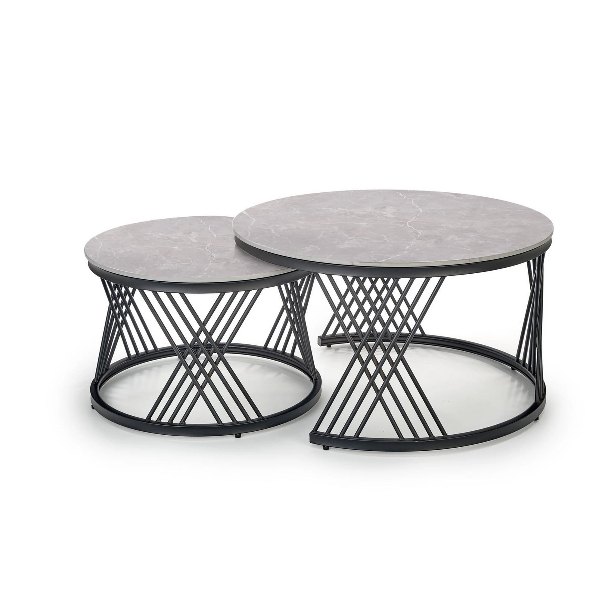 Set 2 masute cafea FLAMINGO, gri cu efect de marmura/negru, ceramica/metal