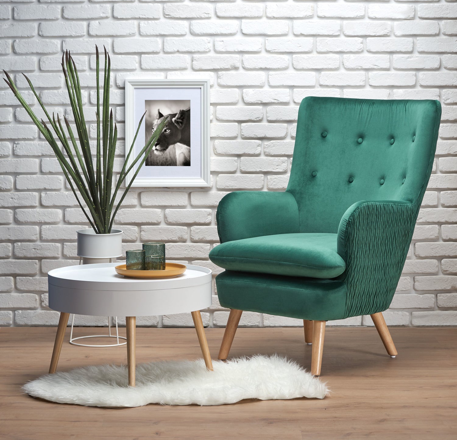 Fotoliu RAVEL, verde inchis/stejar natural, stofa catifelata/lemn, 70x78x100 cm