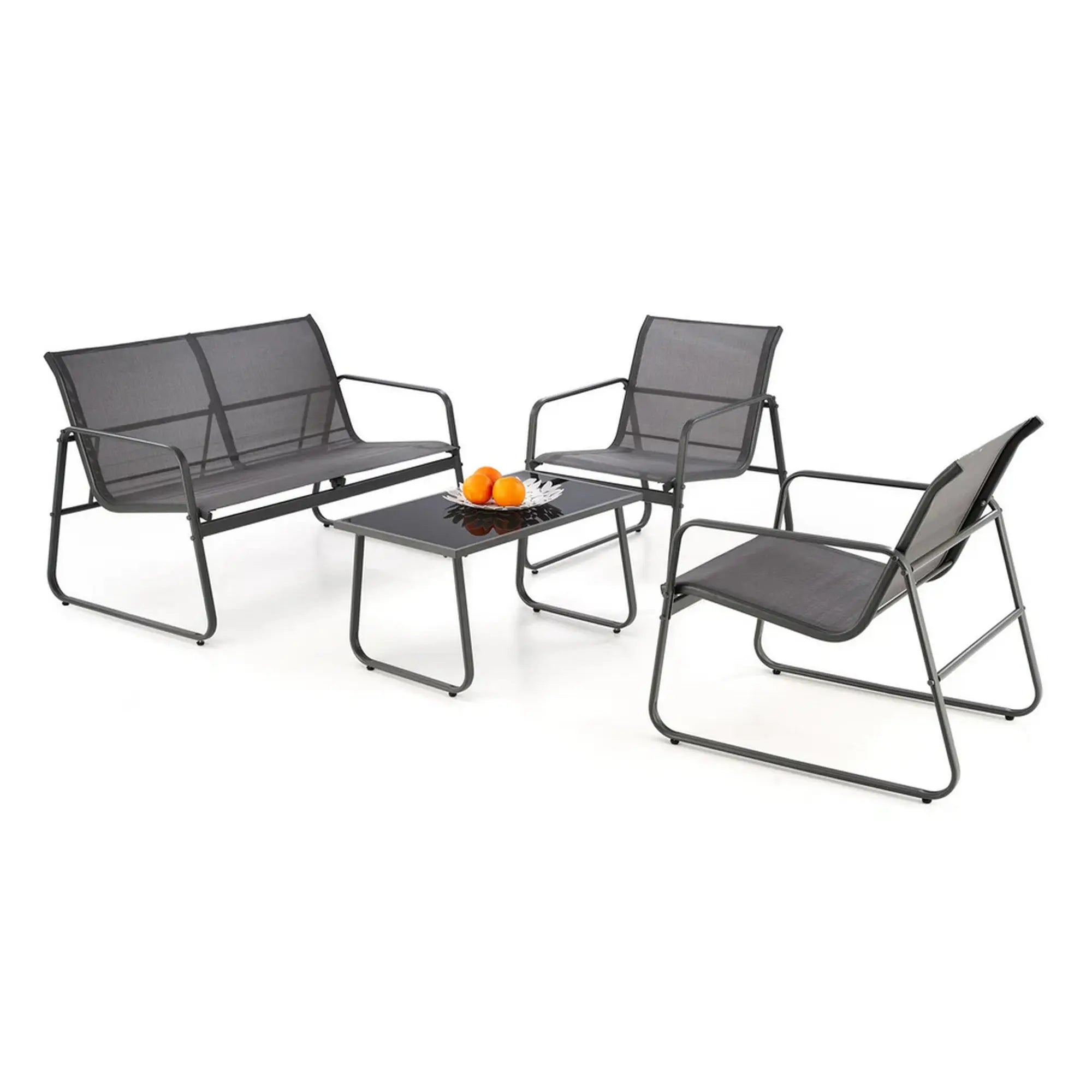 Set gradina CONOR, gri, plasa/sticla/metal, cu masuta, 2 scaune si canapea