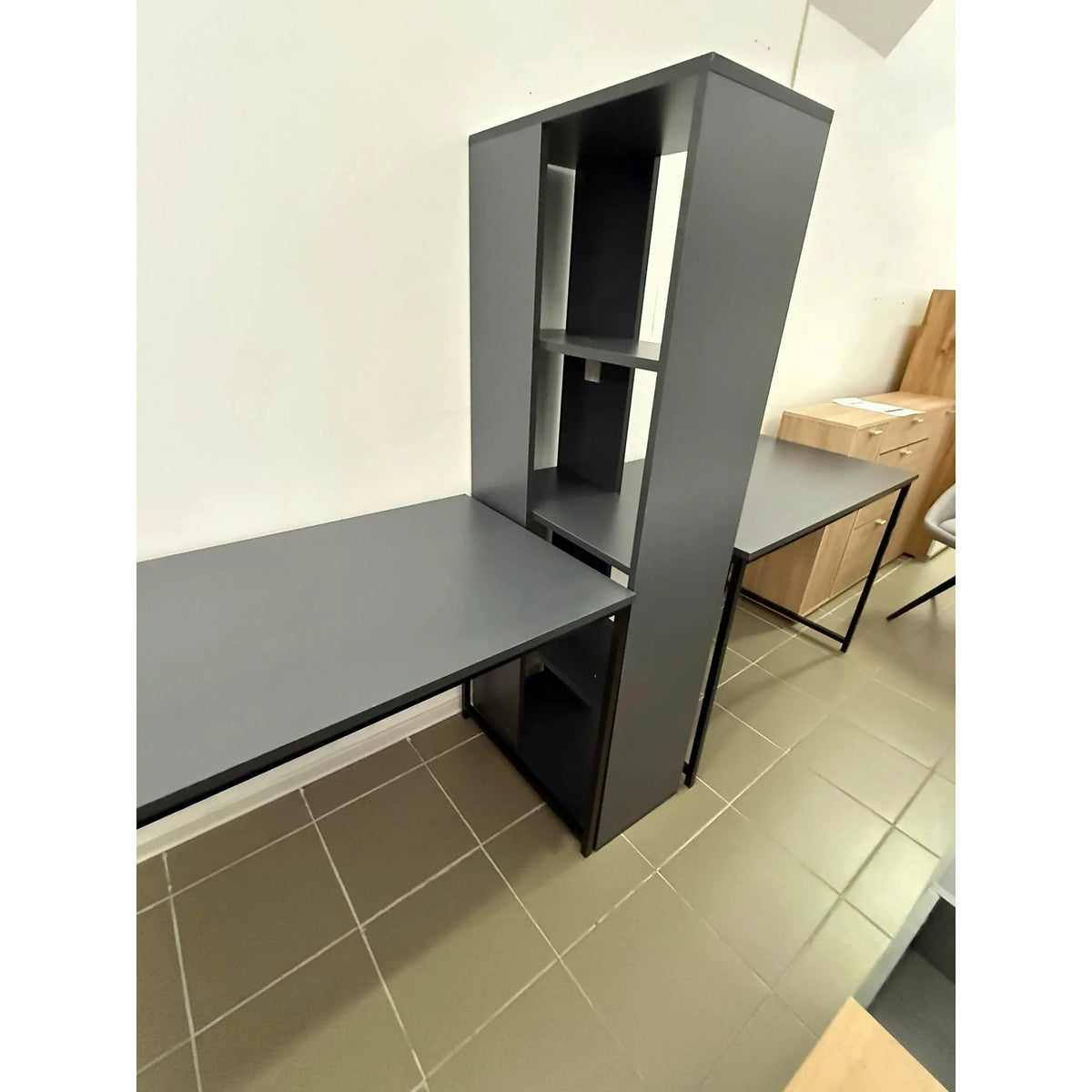 PRODUS RESIGILAT - Birou BUYUK BOY, gri antracit, PAL melaminat/metal, 240x60x142 cm