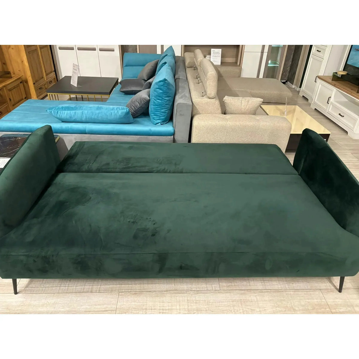 PRODUS RESIGILAT - Canapea extensibila CANDY, stofa catifelata verde - Riviera 38, lada depozitare, 228x98x87 cm