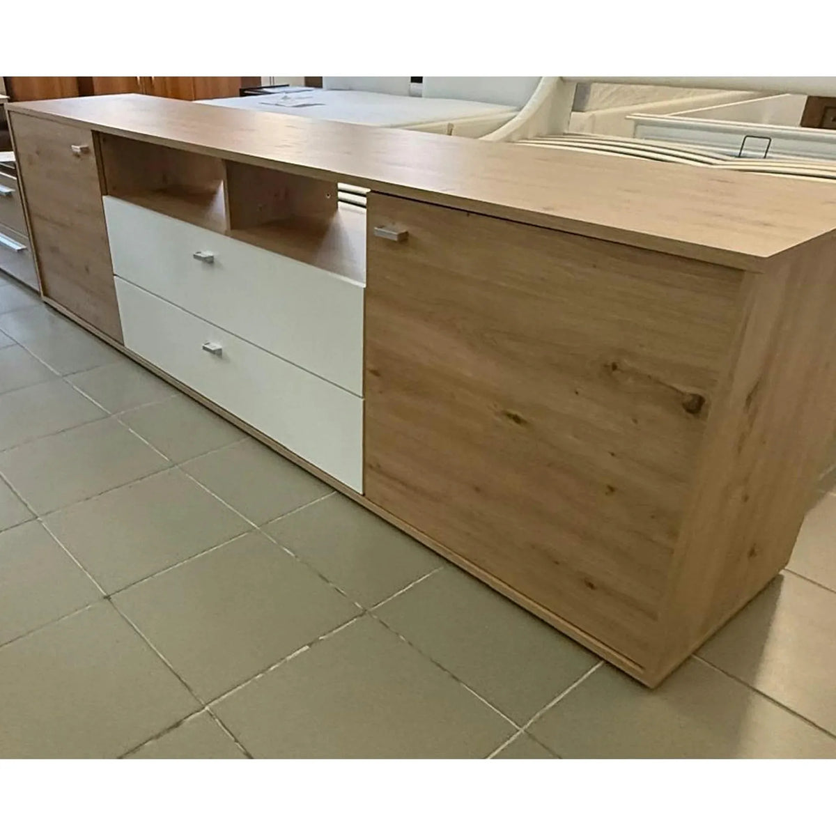 PRODUS RESIGILAT - Comoda TV CLEVELAND, stejar/alb, PAL, 220x42x62 cm