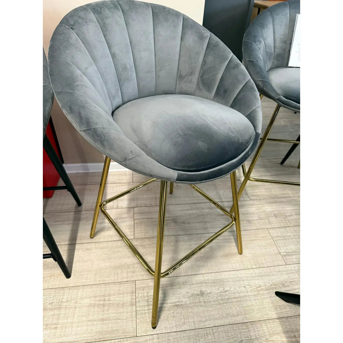 PRODUS RESIGILAT - Scaun bar H112, gri/auriu, stofa catifelata/otel, 58x52x87 cm
