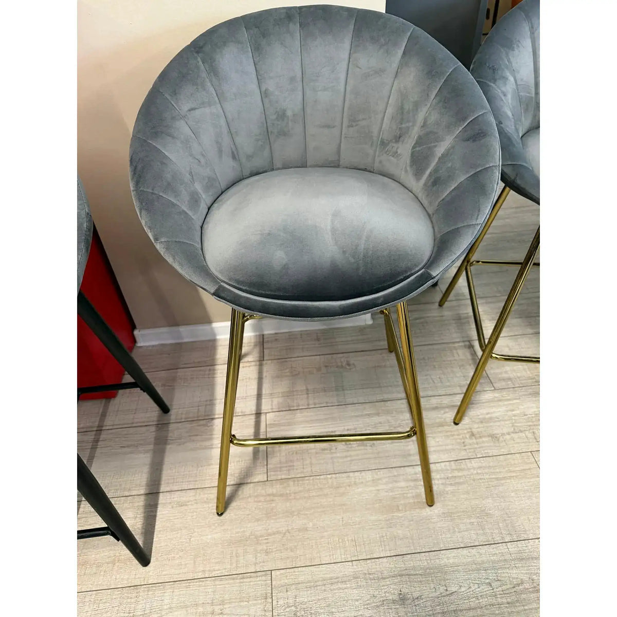 PRODUS RESIGILAT - Scaun bar H112, gri/auriu, stofa catifelata/otel, 58x52x87 cm