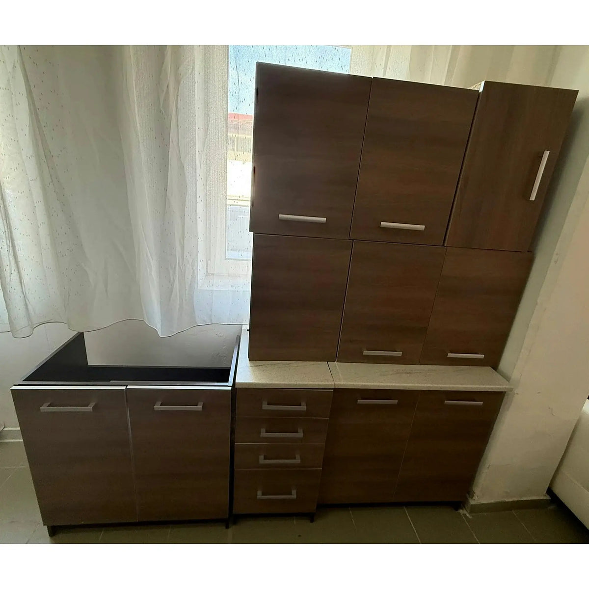 PRODUS RESIGILAT - Set bucatarie AMANDA 1, stejar inchis/granit, PAL/sticla, 260 cm