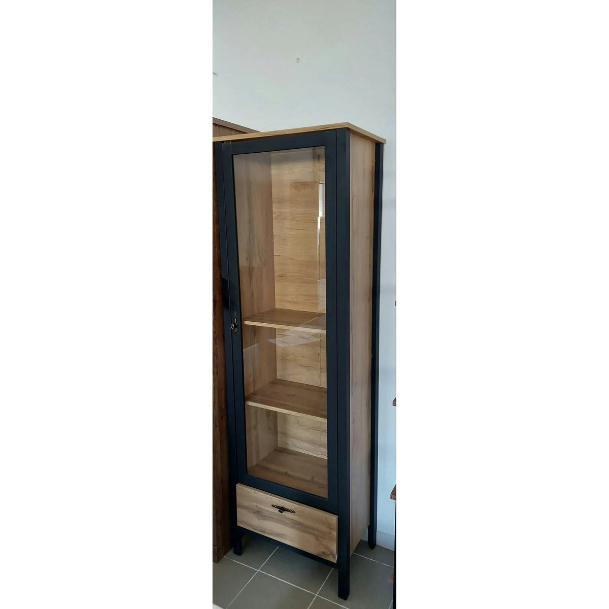 PRODUS RESIGILAT - Vitrina LOFT, stejar wotan/negru, PAL/sticla, 62x39x193 cm