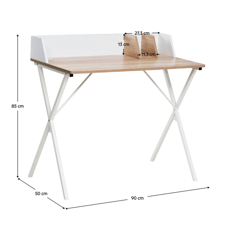 Masa birou PSALMO, alb/stejar, DTD laminat/metal, 90x50x85 cm