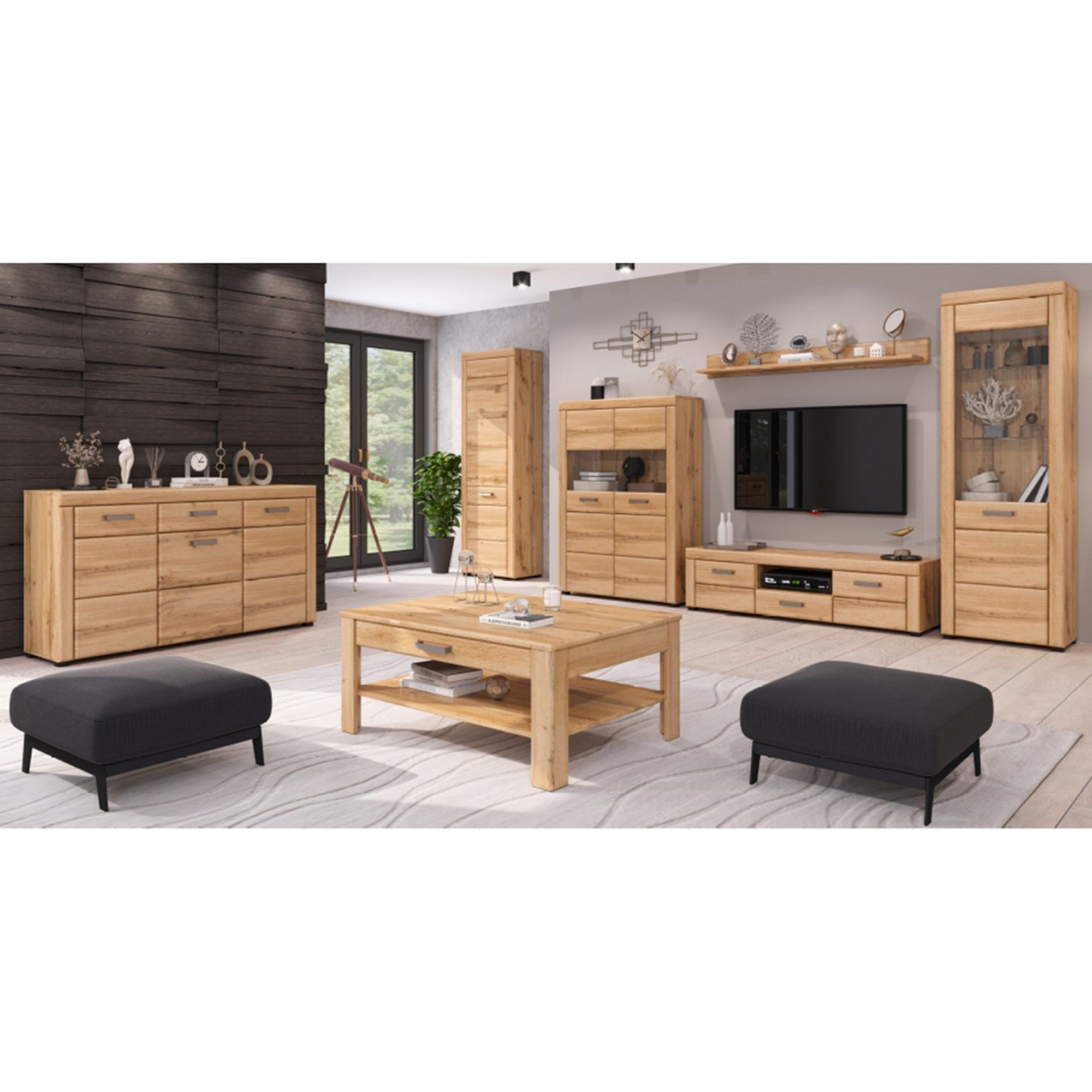 Vitrina PUSAN C, stejar, MDF/sticla, 100x37x146 cm