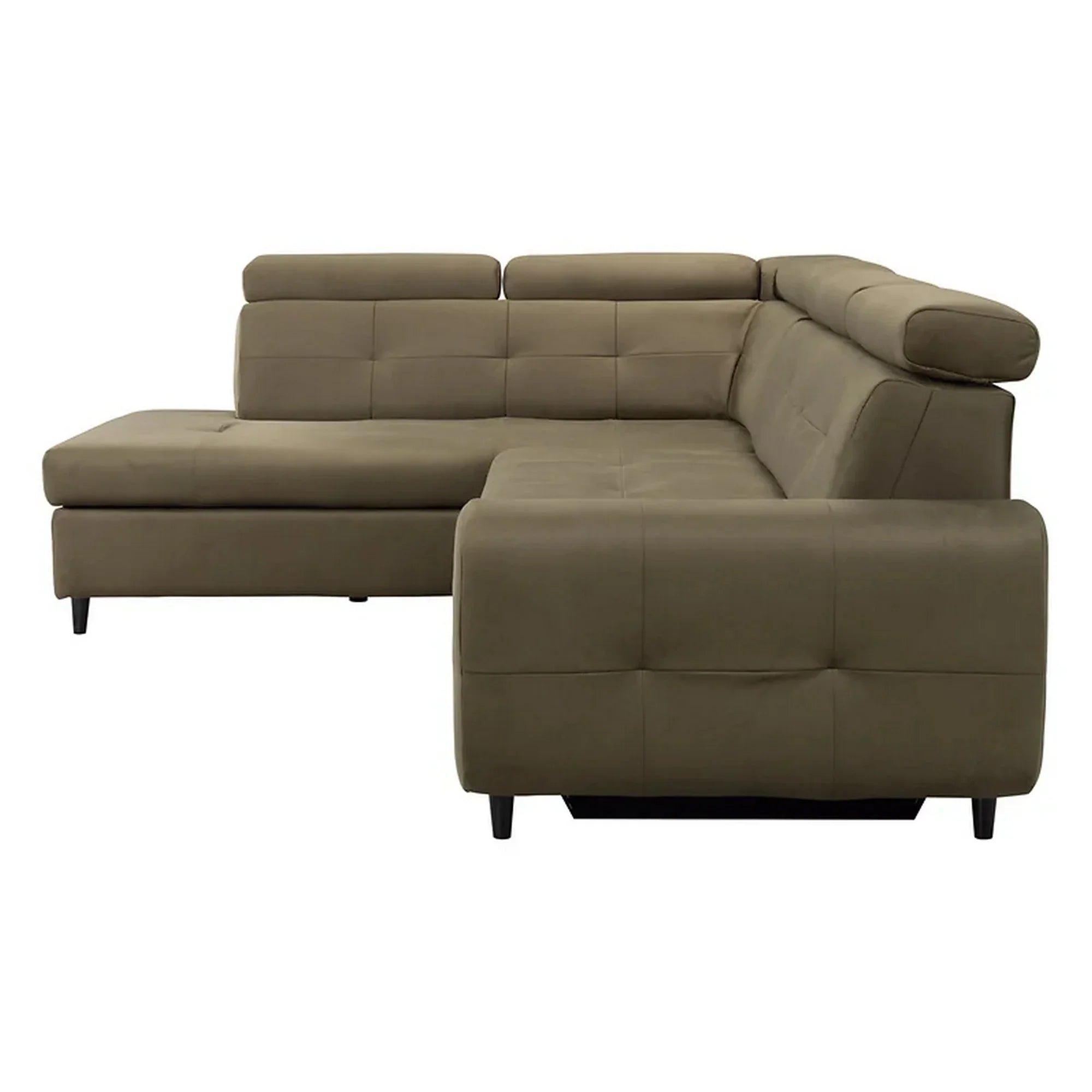 Coltar extensibil MATRAS, sezlong stanga, stofa catifelata verde olive - Letto 38, cu lada depozitare si tetiere reglabile, 263x205x98 cm