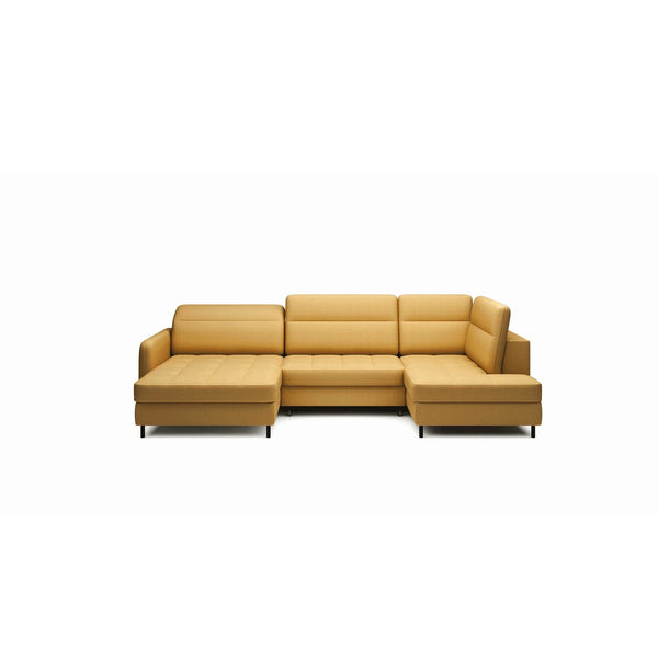 Coltar extensibil BERRTO, sezlong stanga, stofa catifelata galben - Manhattan 45, cu tetiere reglabile si lada depozitare, 306x165x100 cm
