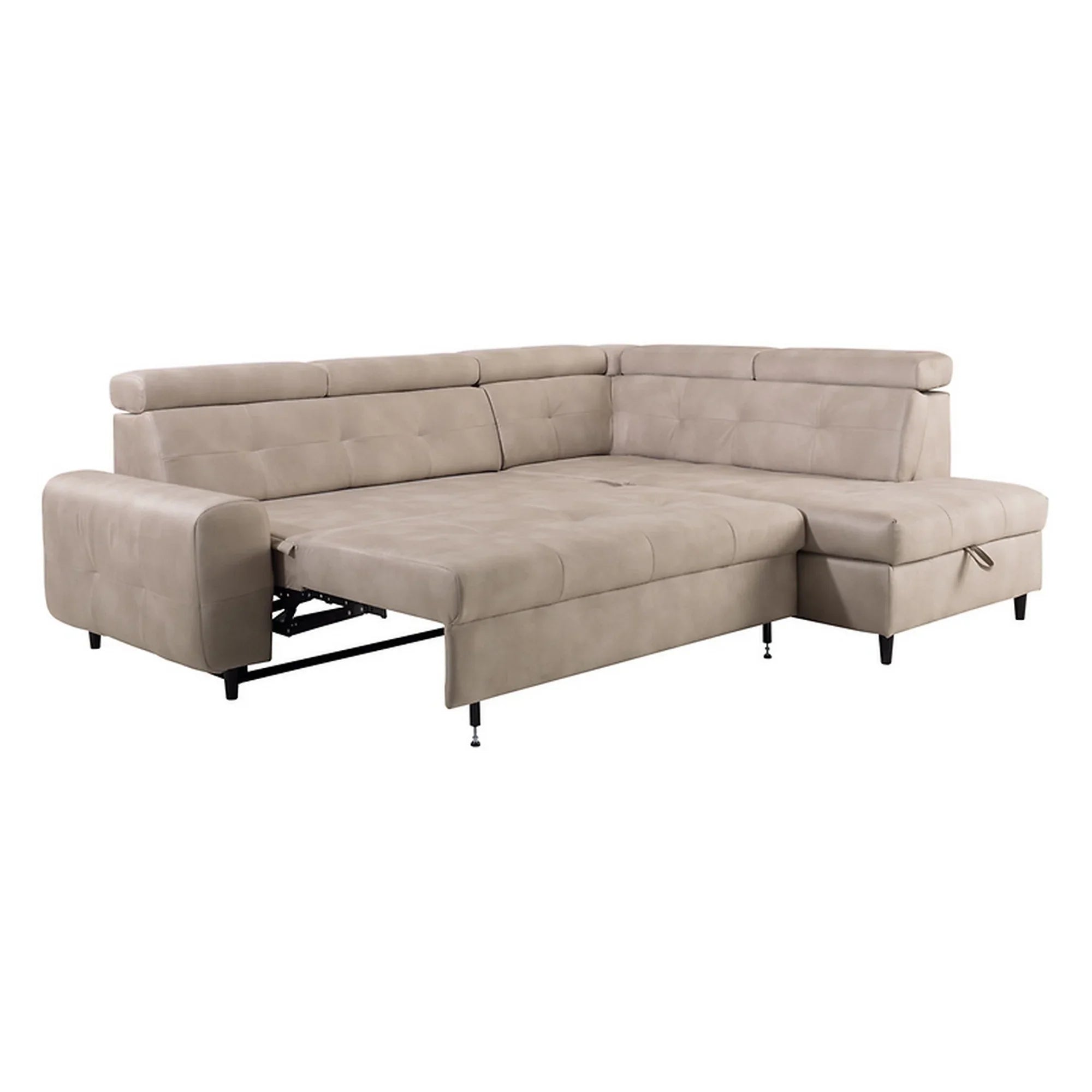 Coltar extensibil MATRAS, sezlong dreapta, stofa catifelata bej - Letto 11, cu lada depozitare si tetiere reglabile, 263x205x98 cm