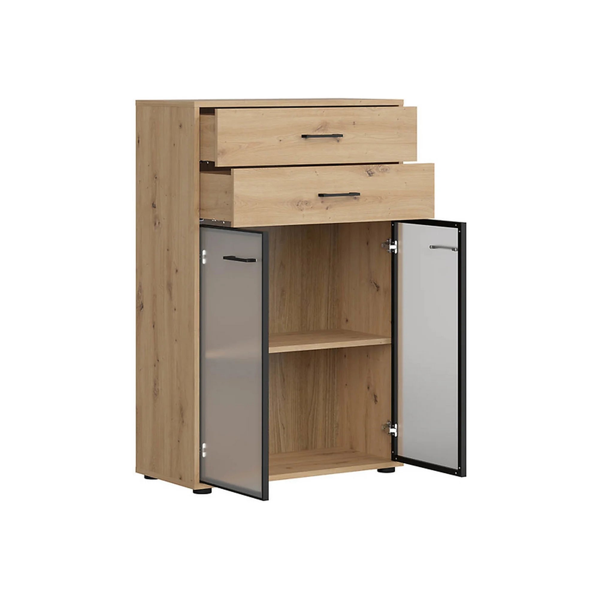 Vitrina SPACE OFFICE, stejar artisan/negru fumuriu, PAL laminat/sticla, cu 2 usi si 2 sertare, 80x38x122 cm