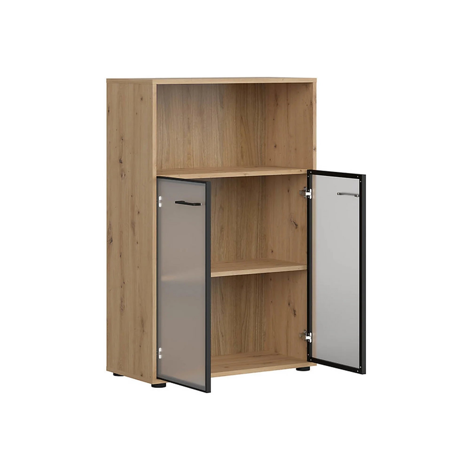 Vitrina SPACE OFFICE, stejar artisan/negru fumuriu, PAL laminat/sticla, cu 2 usi, 80x38x122 cm